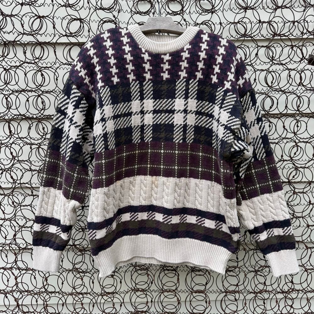 Vintage 90s Woods & Gray Plaid Houndstooth Block Knit Grandpa Sweater Cotton XL